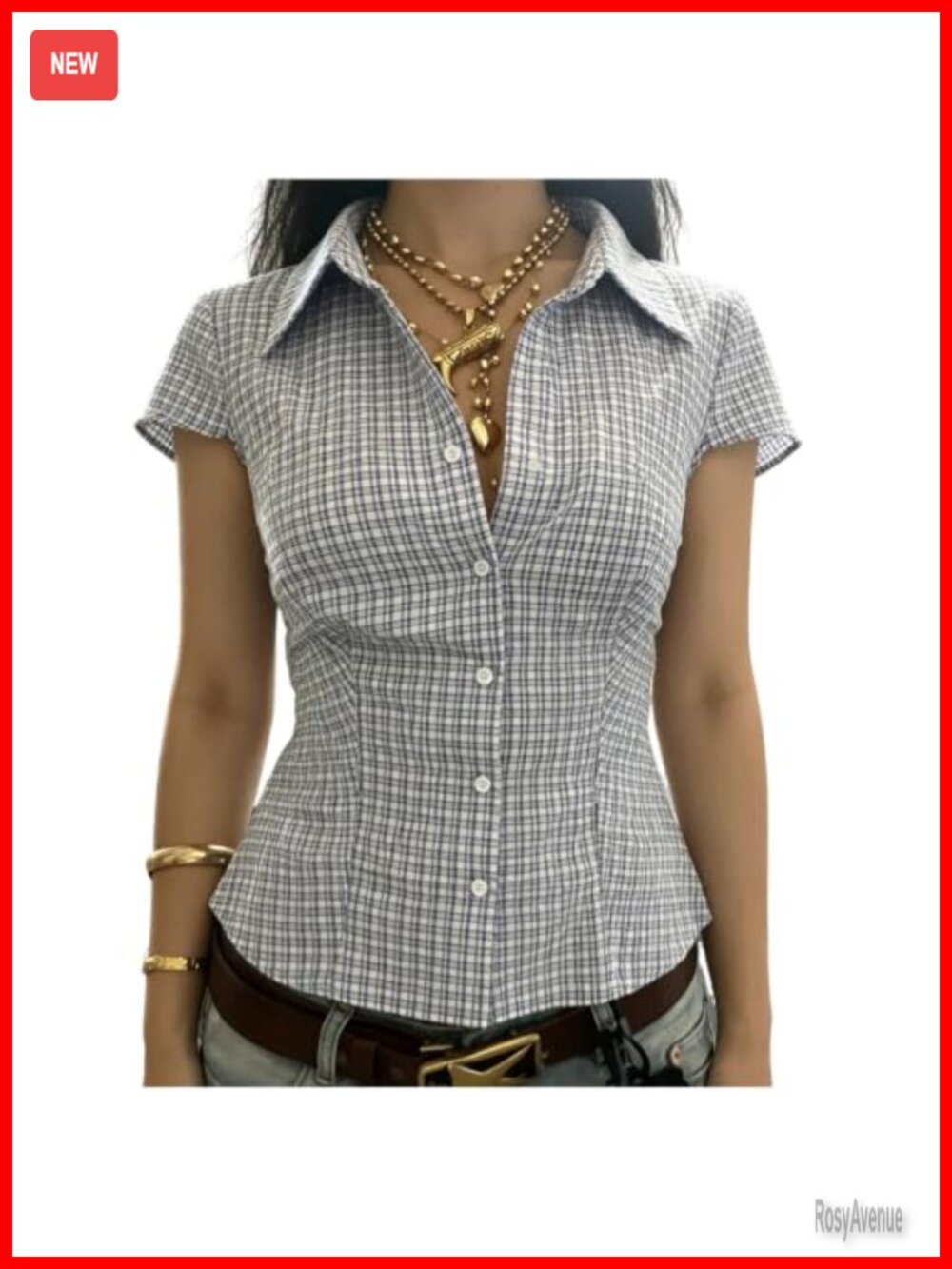 Slim Fit Short Sleeve Plaid Button Down Collared Blouse